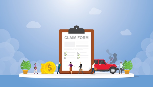 Vector claim form on the clipboard with team people and car crash with modern style illustration