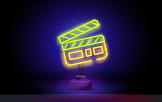 Vector clapper board neon sign neon clapperboard sign bright glowing clapperboard on dark background cinema...