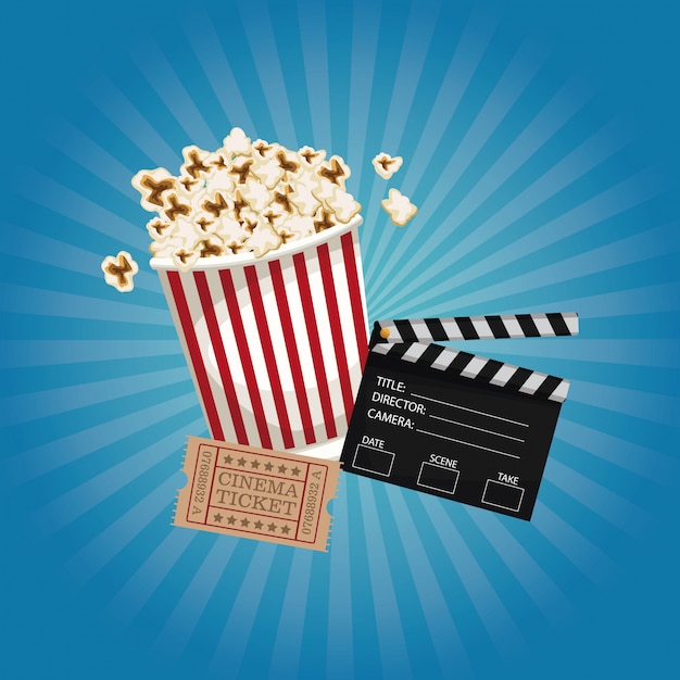  clapperboard and popcorn and ticket movie