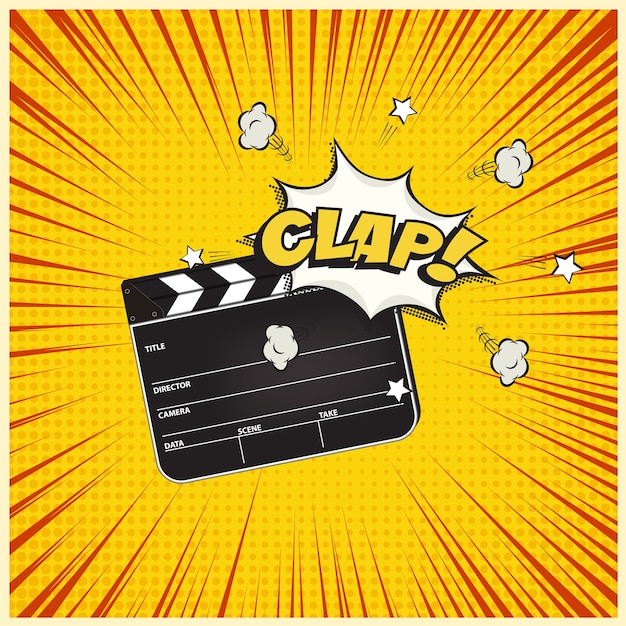 Clapperboard with Clap word speech bubble on vintage manga style background.