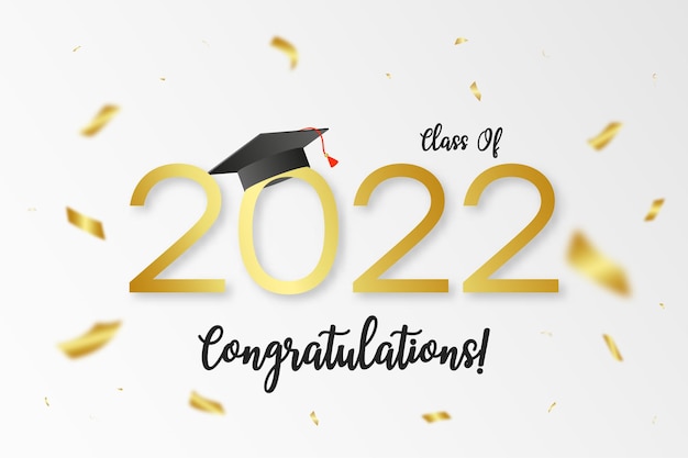 Vettore classe 2022 banner di laurea con berretto accademico laureato con numeri d'oro e coriandoli dorati