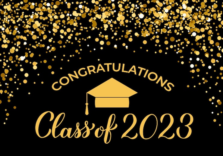 Vector class of 2023 banner gold confetti graduation party or prom decorations congratulations to graduates typography poster vector illustration