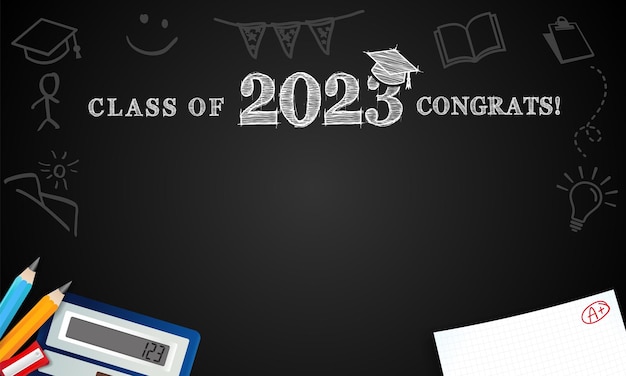 2023 年のクラスは、黒板に鉛筆とチョークで描いておめでとうございます空の空白のデザイン