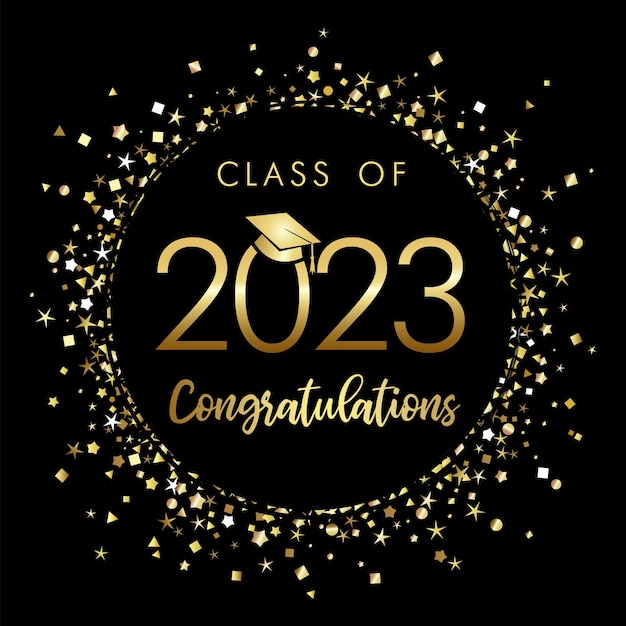 Vector class of 2023 graduation poster with gold glitter confetti and academic hat. template design