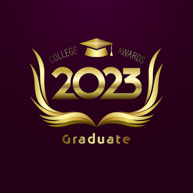 Classe del logo di laurea dell'anno 2023. libro di testo dorato aperto come corona di premi, concetto creativo.