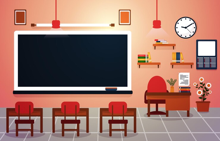 Vector class school nobody classroom blackboard table chair education illustration