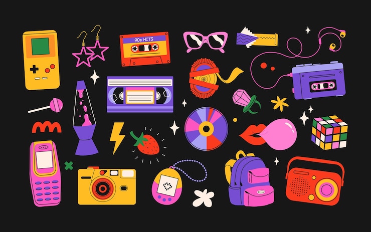 Vector classic 80s back to 90s elements in modern flat style hand drawn sticker set vector illustration