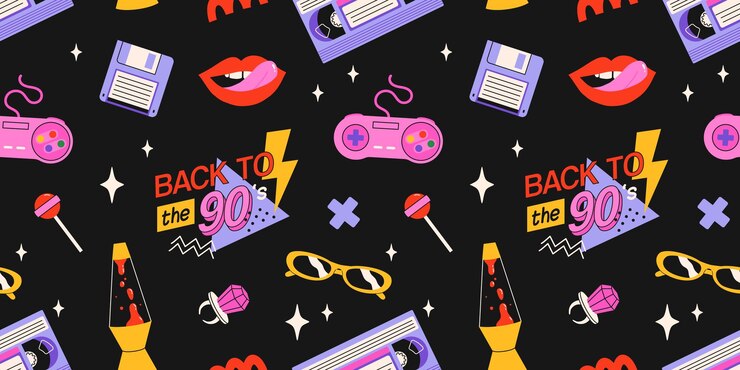 Classic 80s back to 90s elements in modern flat style Hand drawn sticker set vector seamless pattern
