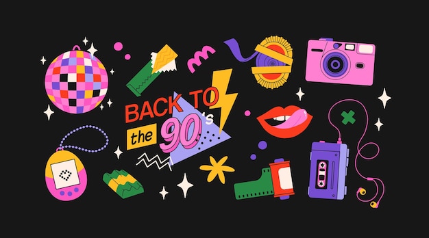 80年代から90年代までのクラシックなエレメントを現代的なフラットスタイルで手描きのステッカーセットベクトル
