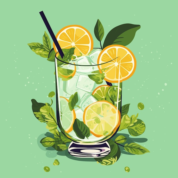 Классический алкогольный коктейль джин-тоник в стакане. Освежающий напиток с лаймом, апельсином и льдом. Векторная иллюстрация