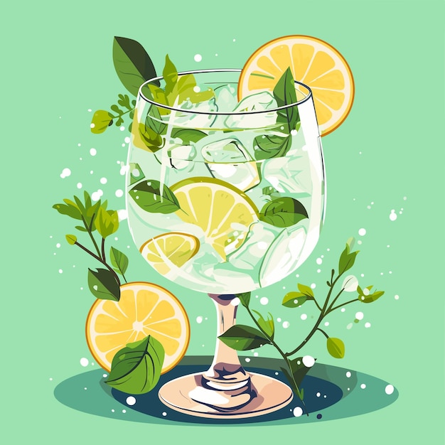 Классический алкогольный коктейль джин-тоник в стакане. Освежающий напиток с лаймом, апельсином и льдом. Векторная иллюстрация