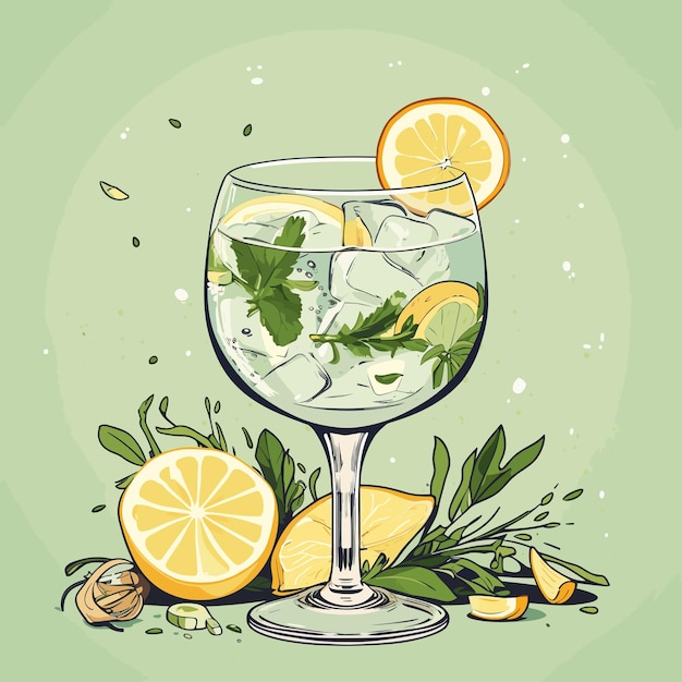 Classic alcoholic cocktail gin and tonic in glass. Refreshing drink with lime orange and ice. Vector illustration