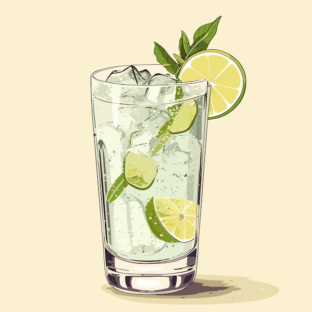 Classic alcoholic cocktail gin and tonic in glass. refreshing drink with lime orange and ice. vector illustration