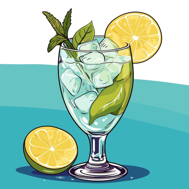 Classic alcoholic cocktail gin and tonic in glass. Refreshing drink with lime orange and ice. Vector illustration
