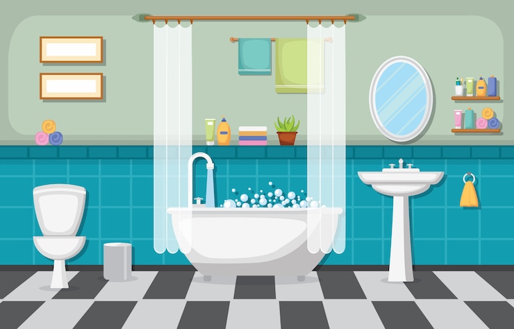 Vector classic bathroom interior clean room wooden accent furniture flat design
