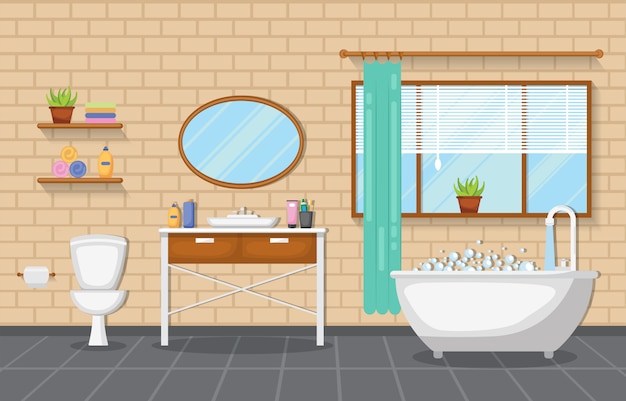 Vector classic bathroom interior clean room wooden accent furniture flat design