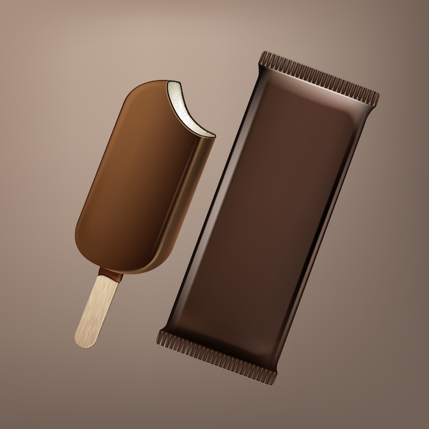 Vector classic bitten popsicle choc-ice lollipop ice cream in chocolate glaze on stick with brown plastic foil wrapper for branding package design close up isolated on background.