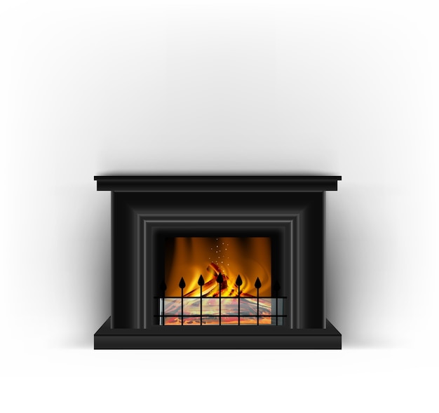 Vector classic black fireplace with a blazing fire for interior design in sandy