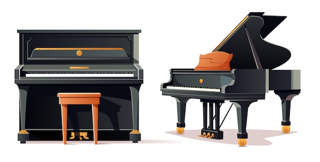 Vettore classico pianoforte a coda nero e pianoforte verticale due tipi di pianoforti strumento musicale illustrazione vettoriale per il design stile cartone animato stile piatto