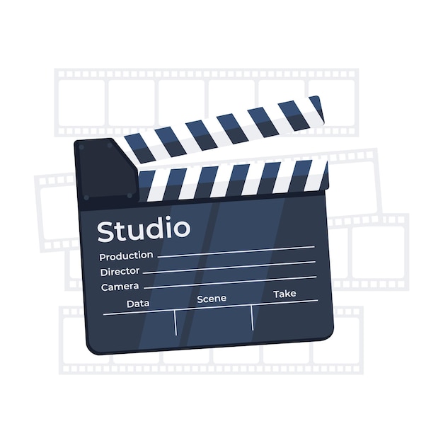 Vector classic black and white film clapperboard with filmstrip background a symbol of movie production