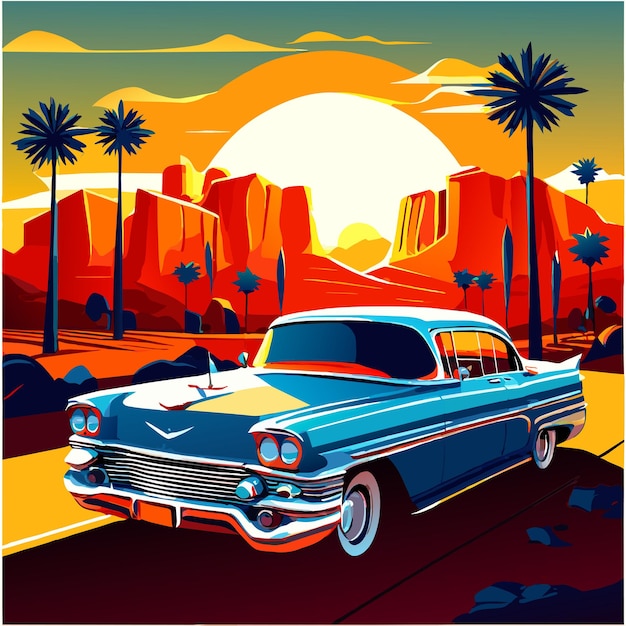 Classic Blue Car on Desert Highway Illustration