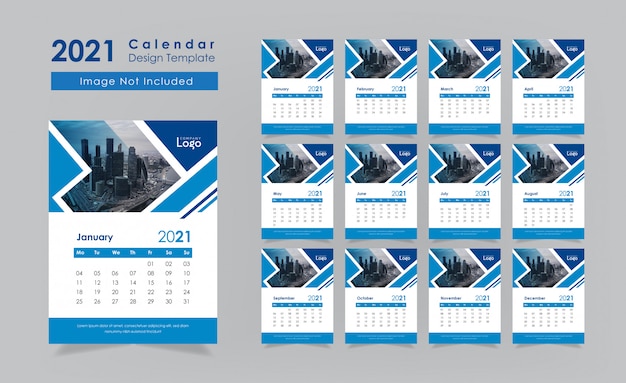 Vettore classico blu nuovo anno 2021 calendario da parete design set