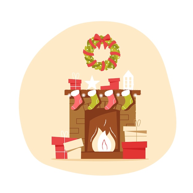 Camino classico in mattoni con regali di calze natalizie e una ghirlanda su uno sfondo neutro