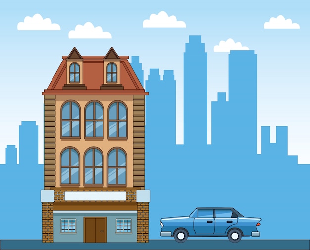 Classic building and blue car over urban city 