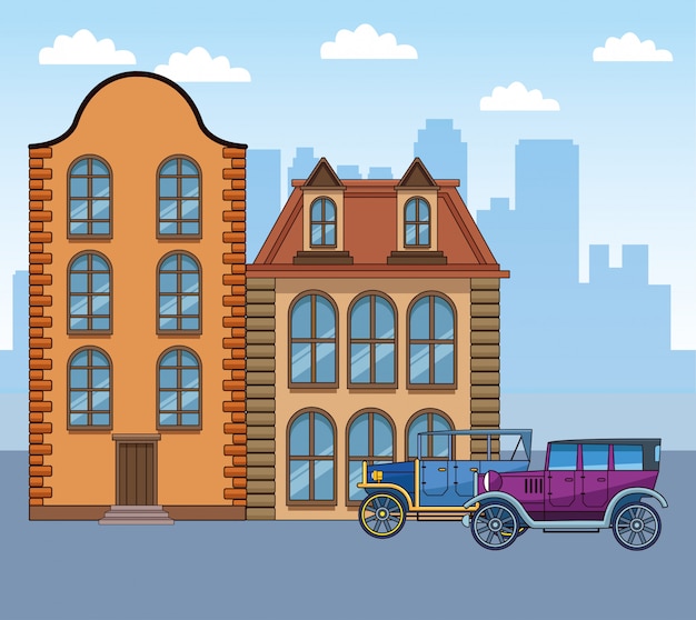 Classic buildings and cars over urban city 