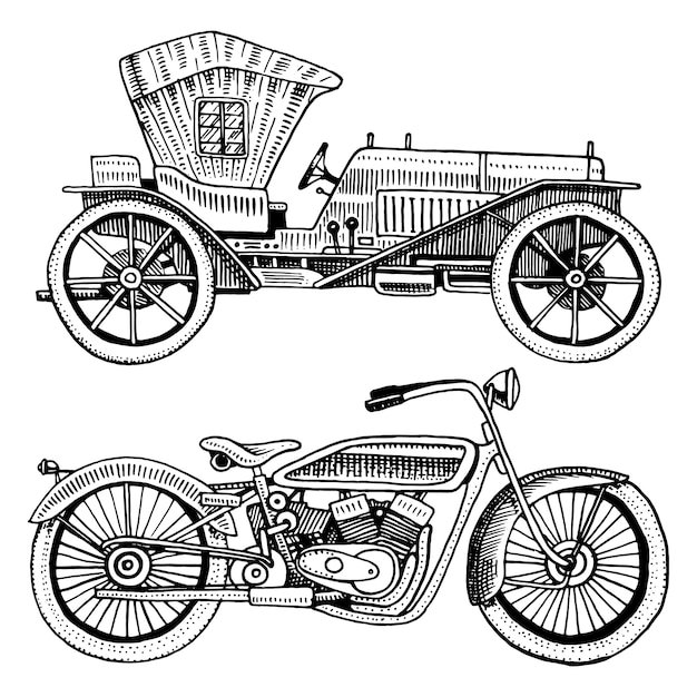 Illustrazione classica dell'automobile, della macchina o del motore e del motociclo o della motocicletta. incisi disegnati a mano in stile schizzo antico, trasporto vintage.