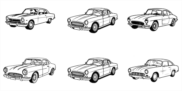 Classic Car Set Outline Vector Illustration On White Background