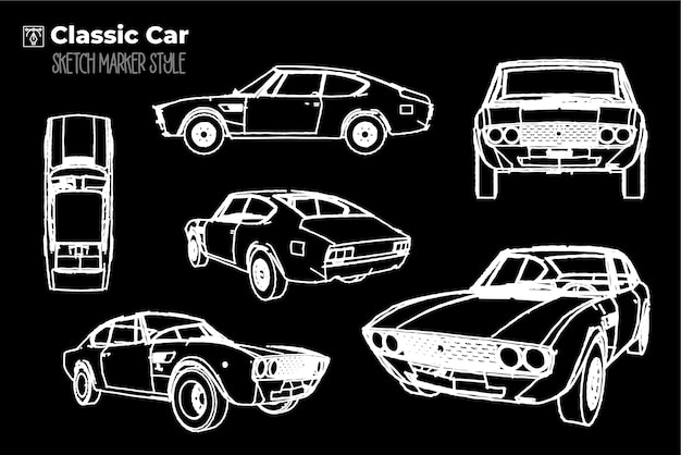 Classic car silhouette illustration marker effect drawing editable colored silhouettes