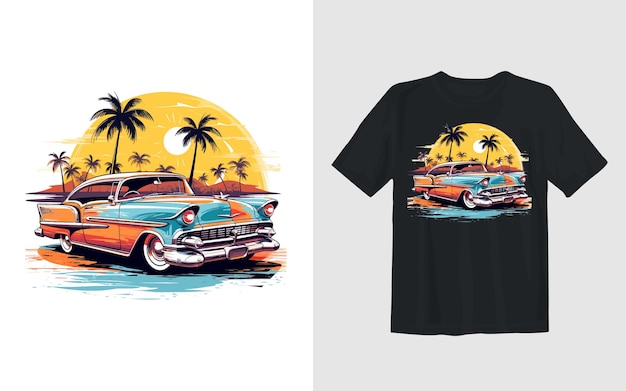 Classic car on the summer beach cartoon vector illustration car t shirt design