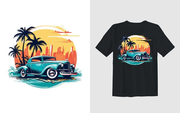 Classic car on the summer beach cartoon vector illustration car t shirt design