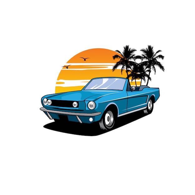 Classic car on the sunset illustration