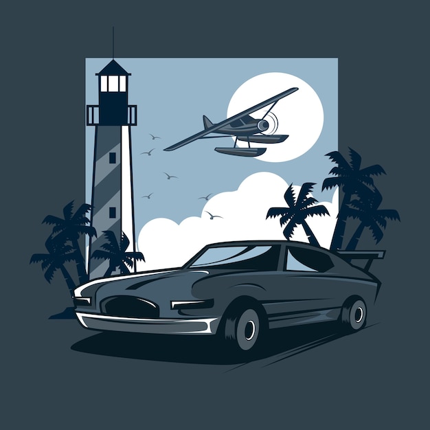 Vector classic car and tower light