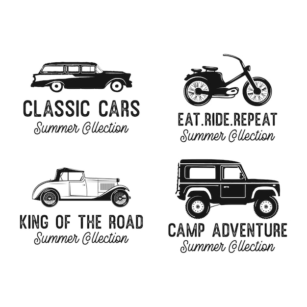 Classic cars badges with various modern and retro vehicles and Summer Collection inscriptions against white background