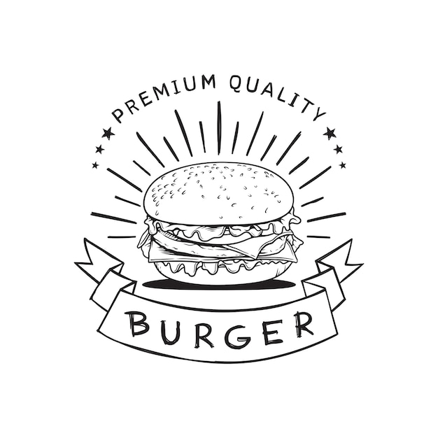 Classic cheeseburger vector hand dawn logo for a fastfood restaurant on white background