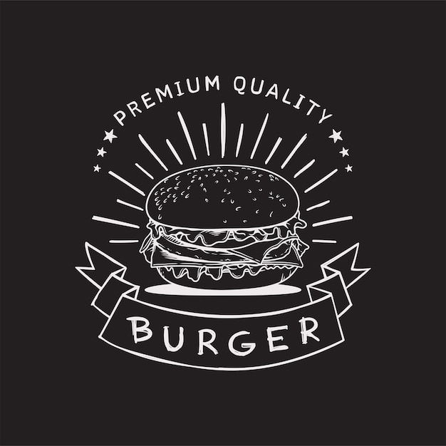 黒の背景にファーストフードレストランの古典的なチーズバーガーベクトルのロゴ