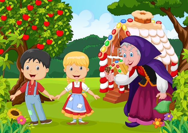 Vector classic children story. hansel and gretel with hag