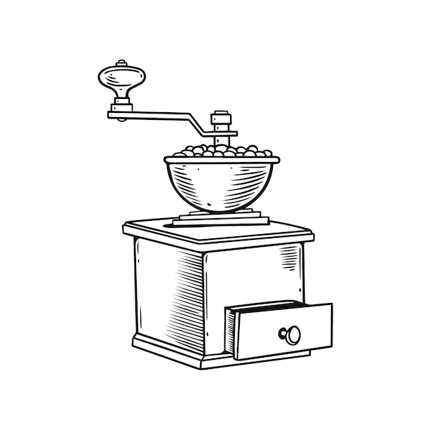 Classic coffee grinder black color outline sketch style.