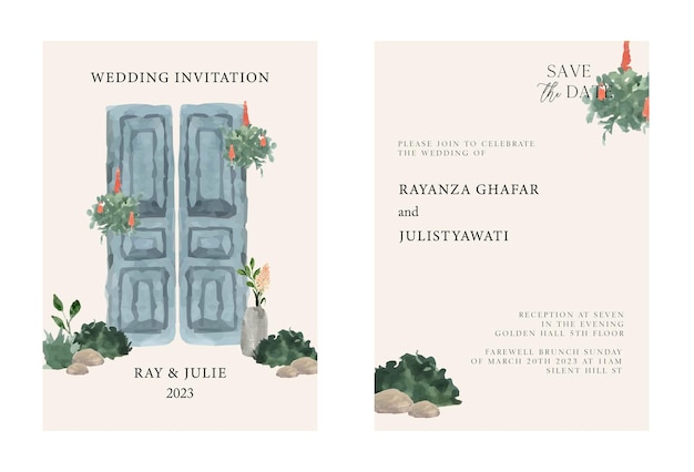古典的なドアのテーマの結婚式の招待状の水彩画