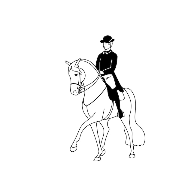 Classic dressage a rider on a horse performs the half pass black and white vector illustration