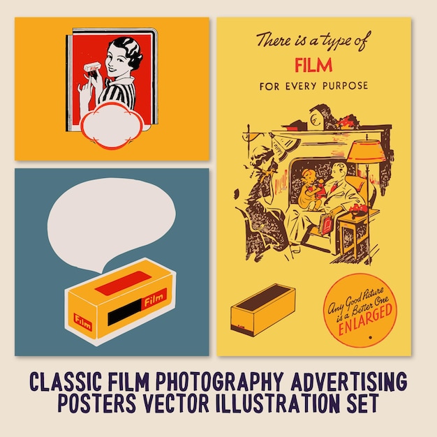 Vector classic film photography advertising posters vector illustration set