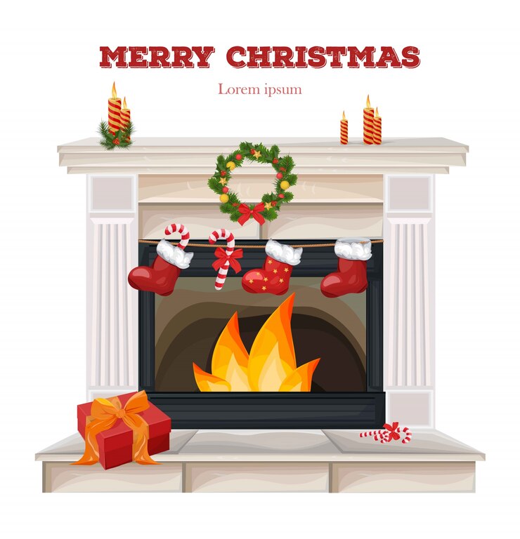 Vector classic fireplace chimney and christmas presents