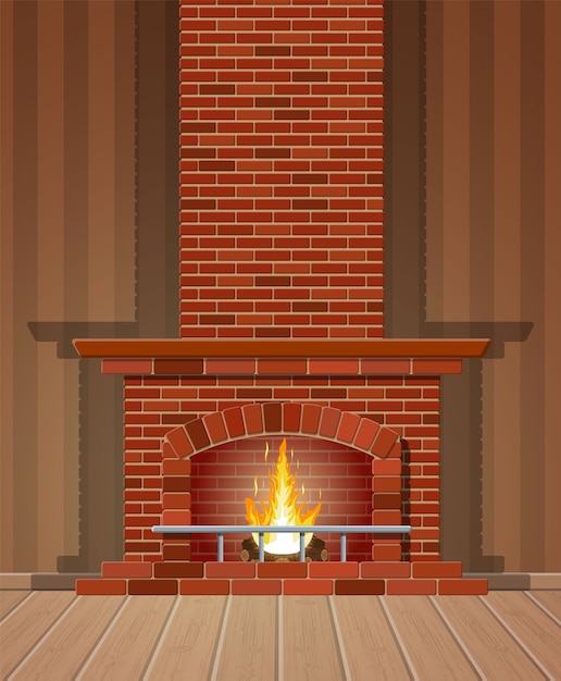 Classic fireplace made of red bricks, bright burning flame and smoldering logs