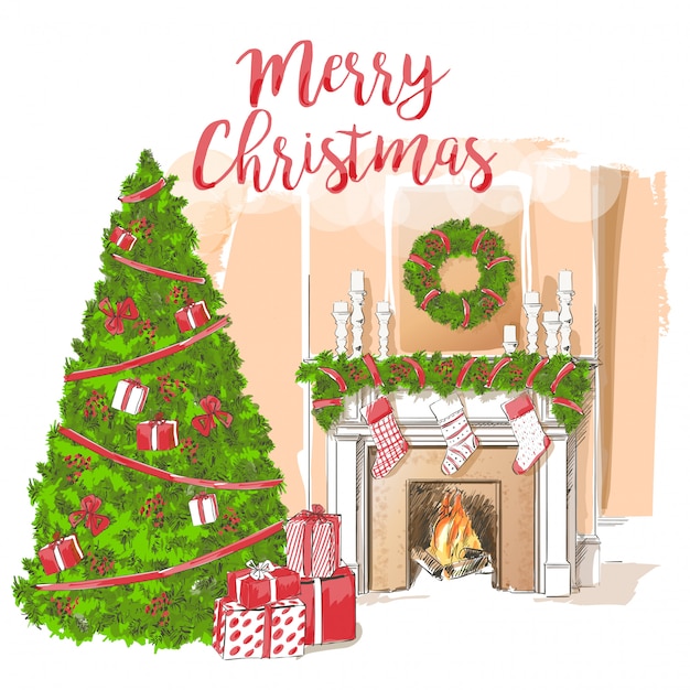 Classic fireplace with Christmas decoration