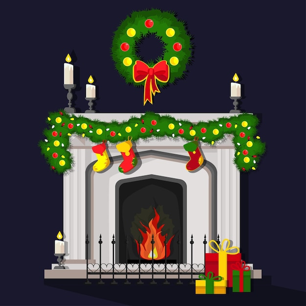 A classic fireplace with socks, a Christmas wreath, candles, gifts and garlands. Celebrating the New Year and Christmas. A variant of a poster, invitation cards and other postcards. the year is 2022.