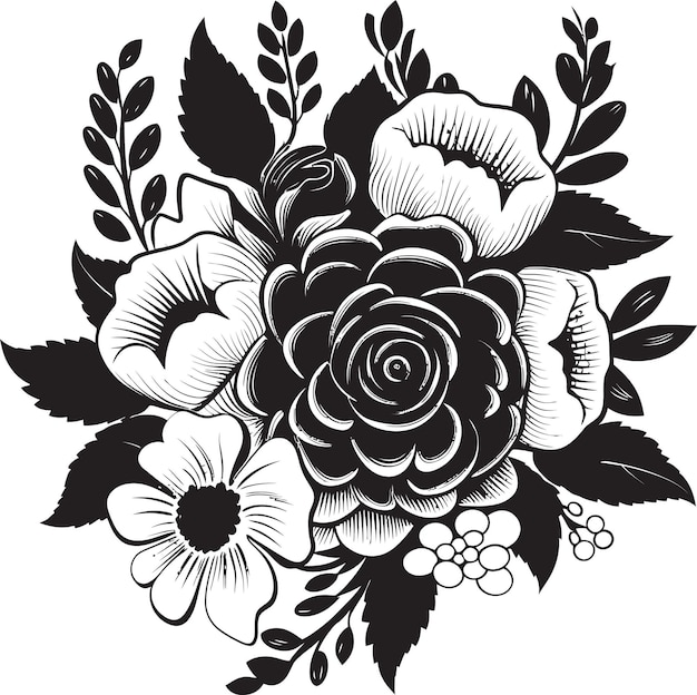 Vector classic floral arrangement black icon whimsical petal dance monochrome emblem