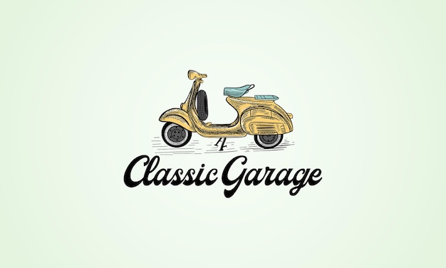 Vettore modello del logo del garage classico disegnato a mano motocicletta classica